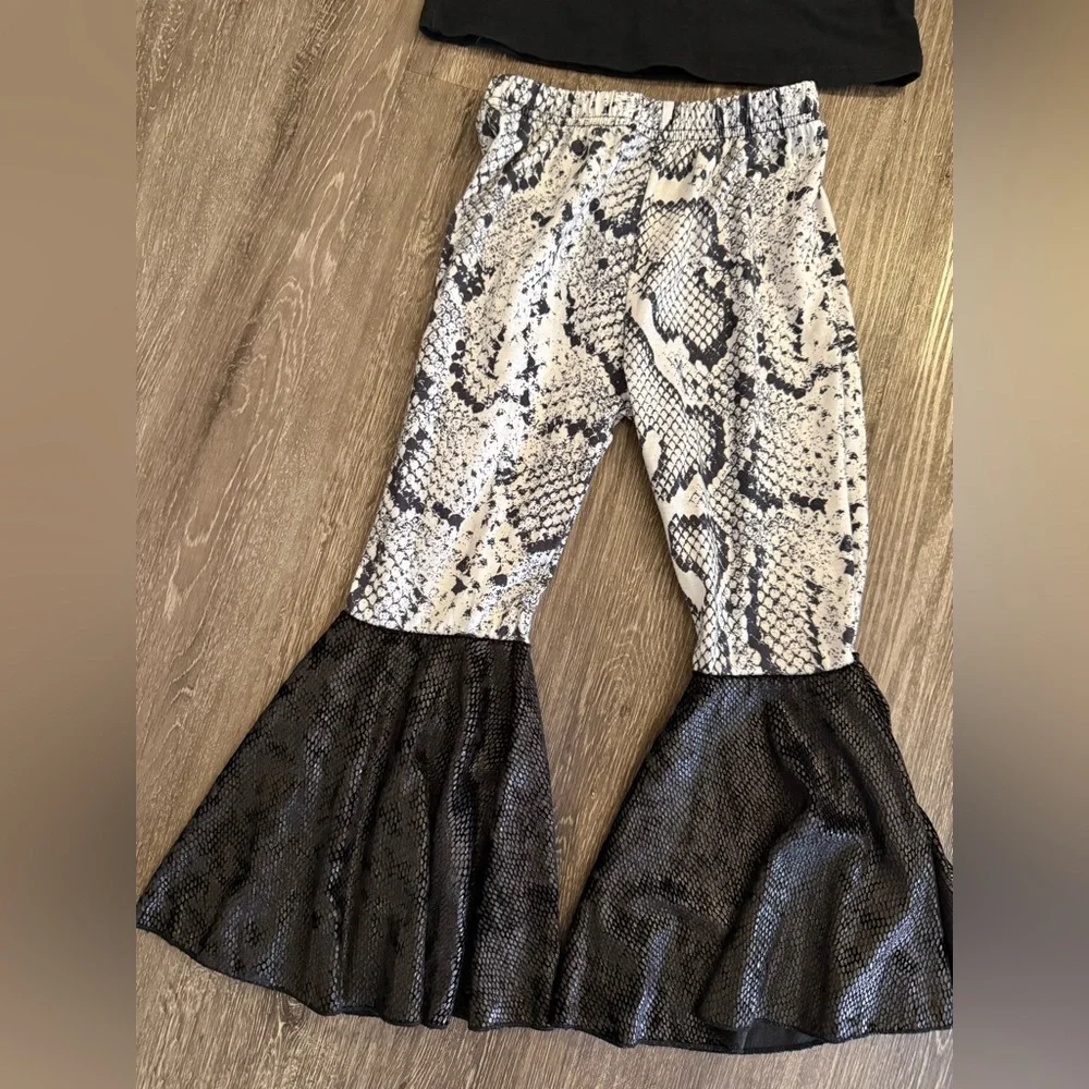 Trendy Black and Snake Print Flared Bell Pants  with Long Sleeve Crop Kids Set